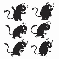 Six Black Silhouette Monsters with Horns and Varied Expressions