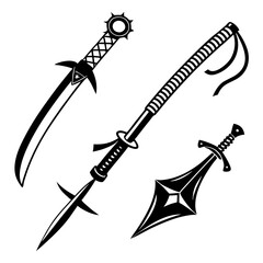 Three Black Weapon Silhouettes on White Background Keywords: weapon, sword, katana, spear, mace
