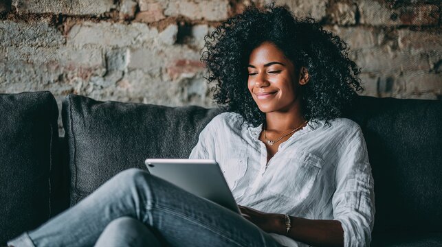Confident woman relaxing on sofa with digital tablet, enjoying modern lifestyle and technology, symbolizing empowerment, learning, and productivity
