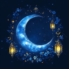 Crescent moon encircled by floral and lantern decor