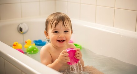 Happy Baby Bath Time, Toddler Playing with Toys, Infant in Tub