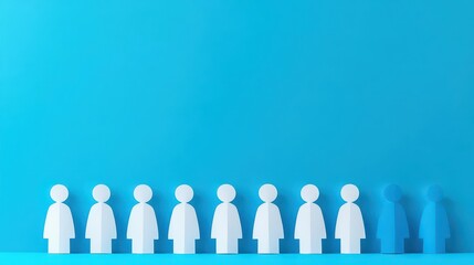 Group of seven white simplified human icons standing in a row on a blue background with light and shadows creating depth and a clean minimalist style