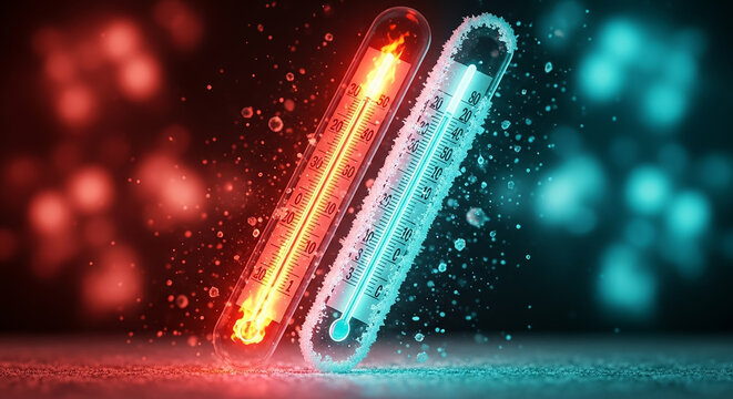 Thermometers showing extreme hot and cold temperatures concept