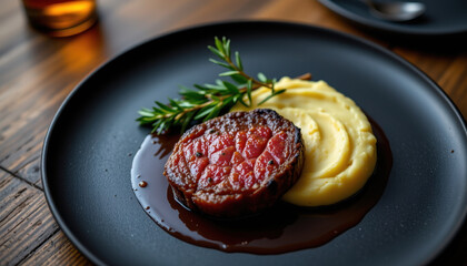 Plated Roast Meat with Mashed Potatoes Black Plate
