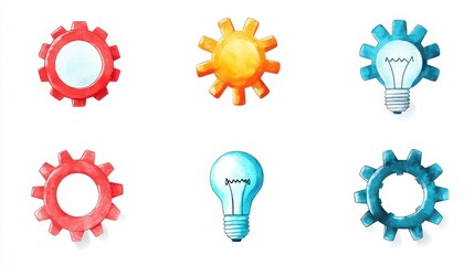 Collection of colorful gears and light bulbs symbolizing innovation, enginee, teamwork, technology, ideas, creativity, mechanical systems, and problem solving