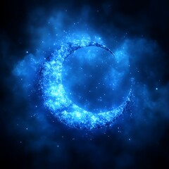 Crescent moon, glowing blue, nebula background
