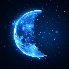 Crescent moon, glowing blue, space