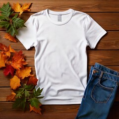 A white t-shirt is centered on a wooden surface, surrounded by autumn leaves and jeans