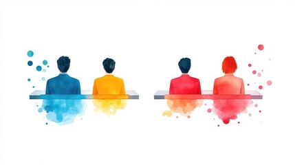 Modern artistic illustration of four diverse people sitting at a table with colorful abstract watercolor splashes behind them on a white background