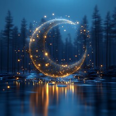 Crescent moon, glowing, forest, night, lake