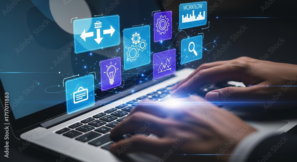 Aufkleber business person working on laptop with workflow automation icons