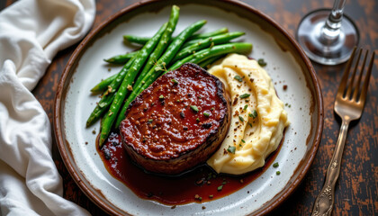 Gourmet Plated Meat with Vegetables and Mashed Potatoes