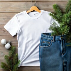 Christmas t-shirt mockup festive top view holiday apparel template for winter fashion, seasonal clothing design, and creative christmas branding presentation