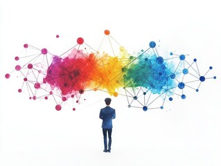 Businessman observing colorful interconnected network of nodes and lines representing communication technology, digital innovation, and data connections