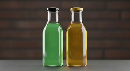 Glass Bottles Mockup Green  Yellow Liquid, Beverage Packaging, Product Design