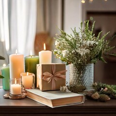 Home interior concept with candle, flowers and book on the table