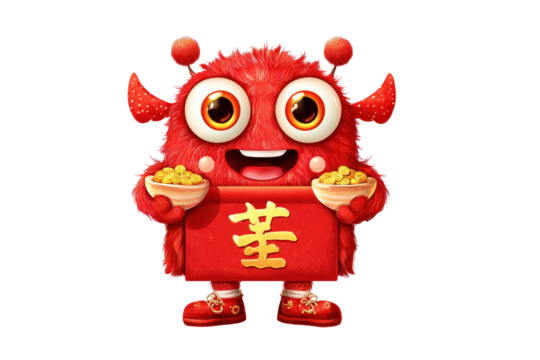Cheerful Fuzzy Monster Holding Treasure and Red Packet on Transparent Background