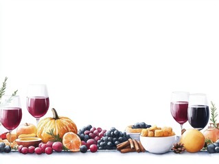 Festive autumn harvest table with pumpkins grapes s pie cookies and glasses of red and black wine for celebration or autumn feast
