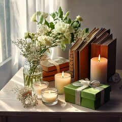 Home interior concept with candle, flowers and book on the table