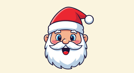 Cartoon Santa Claus head with white beard and red hat.