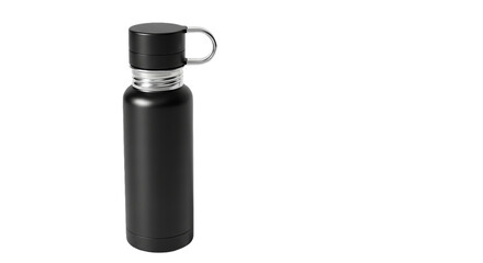 A sleek black stainless steel reusable water bottle with a screw-on cap and carrying loop, isolated on a white background.