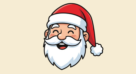 A cartoon illustration of Santa Claus's smiling face with his iconic red hat and white beard.