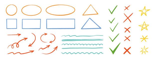 Chalk check mark arrow collection. Blackboard doodle style symbols, sketchy pencil quotes, checkboxes and hand drawn crayon underline. Pencil chalk stroke texture highlight, arrow. Vector illustration