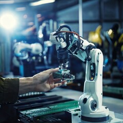 Robotic arms perform precise manufacturing tasks in a hightech factory, showcasing advanced automation and engineering in the industrial production line