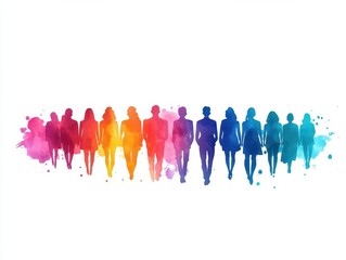 Diverse group of people silhouettes in vibrant rainbow colors walking together in unity and diversity concept on a white background