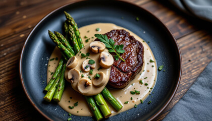 Elegant Plated Gourmet Dish with Steak Mushrooms and Asparagus