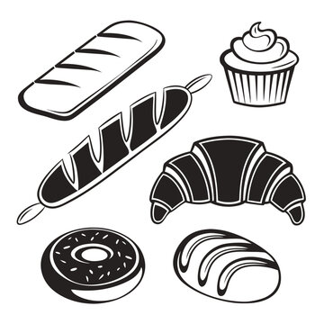 Black and white illustration of baked goods and a cupcake Keywords: bread, baguette, croissant