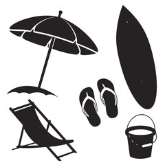 Black Silhouette Beach Vacation Objects On White Background
