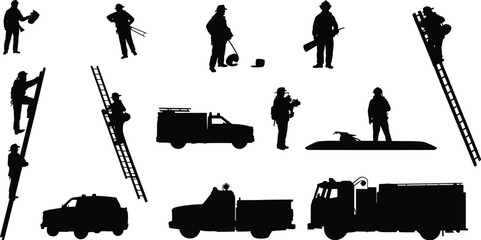 Firefighter silhouettes, emergency rescue workers, firefighting equipment icons, fire truck and ladder, safety gear illustration, emergency response scene, black and white vector design