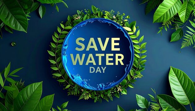 Circular graphic, blue water circle with greenery, Save Water Day message