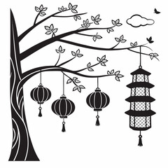 Black Silhouette Tree With Hanging Lanterns And Cloud
