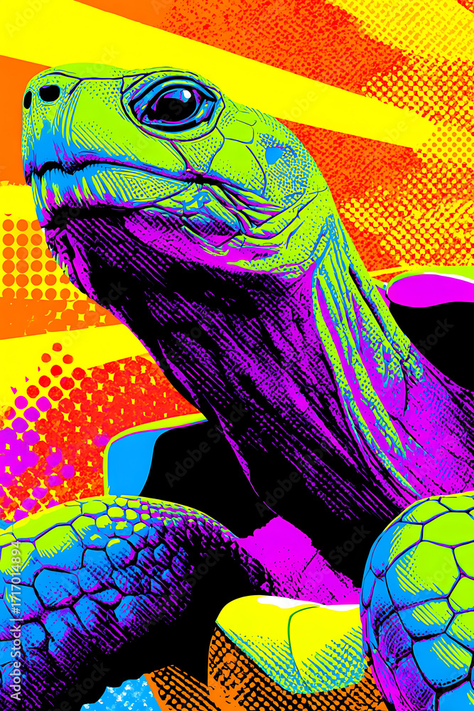 Poster colorful illustration of a turtle with vibrant patterns and abstract background elements