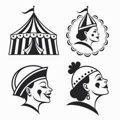 Circus tents and female clown profiles in silhouette