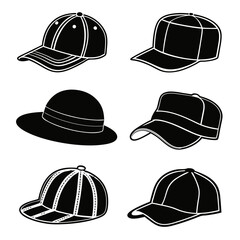 Collection of Black and White Hat Illustrations baseball cap