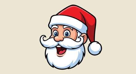 Cartoon Santa Claus head with a red hat and white beard smiling.