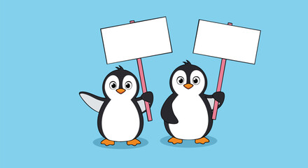 Two cartoon penguins holding blank signs on a blue background.