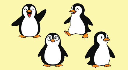 Illustration of four cartoon penguins with different expressions and poses on a light yellow background.