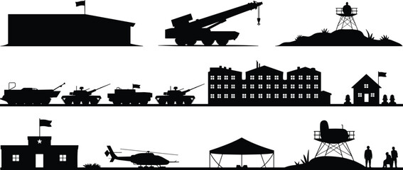 Military base silhouettes, tanks, helicopters, radar towers, army buildings, war equipment, armored vehicles, barracks, defense icons, vector illustration