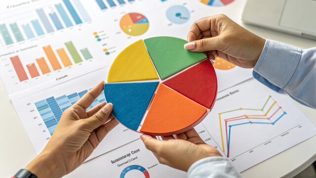 Financial Planning and Strategy Session, Data Visualization and Market Share Analysis, Business People Analyzing a Pie Chart and Graphs