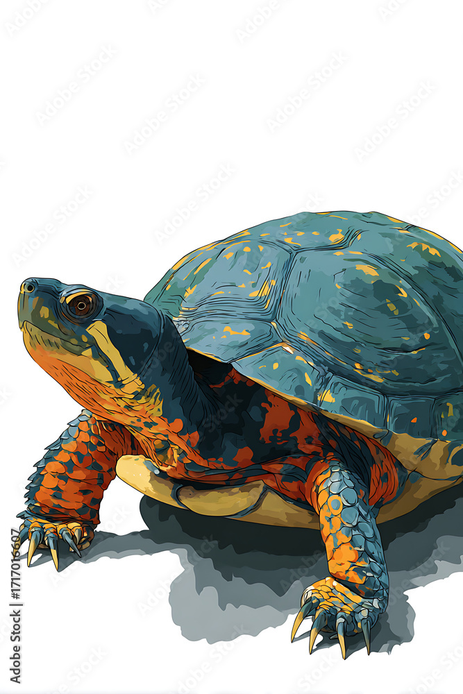 Poster colorful turtle resting on a surface with vibrant patterns and textures in a serene setting