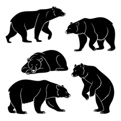 Five Black Bear Silhouettes in Various Poses animal