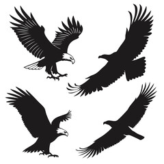 Four Black Eagle Silhouettes in Flight on White Background