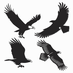 Four Dynamic Eagle Silhouettes in Flight on White Background