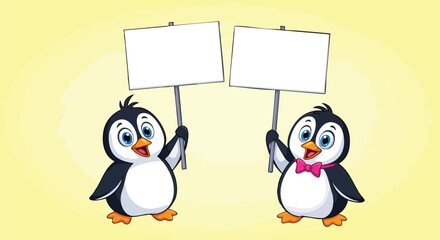 Two cute cartoon penguins holding blank white signs for a message on a yellow background.