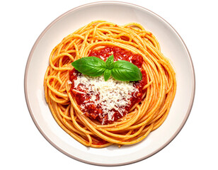 Classic Italian Spaghetti al Pomodoro with Fresh Basil and Parmesan on White Background