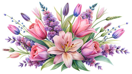 Obraz premium Elegant Watercolor Bouquet: Pink Tulips, Lilies, and Lavender, Romantic Spring Floral Arrangement